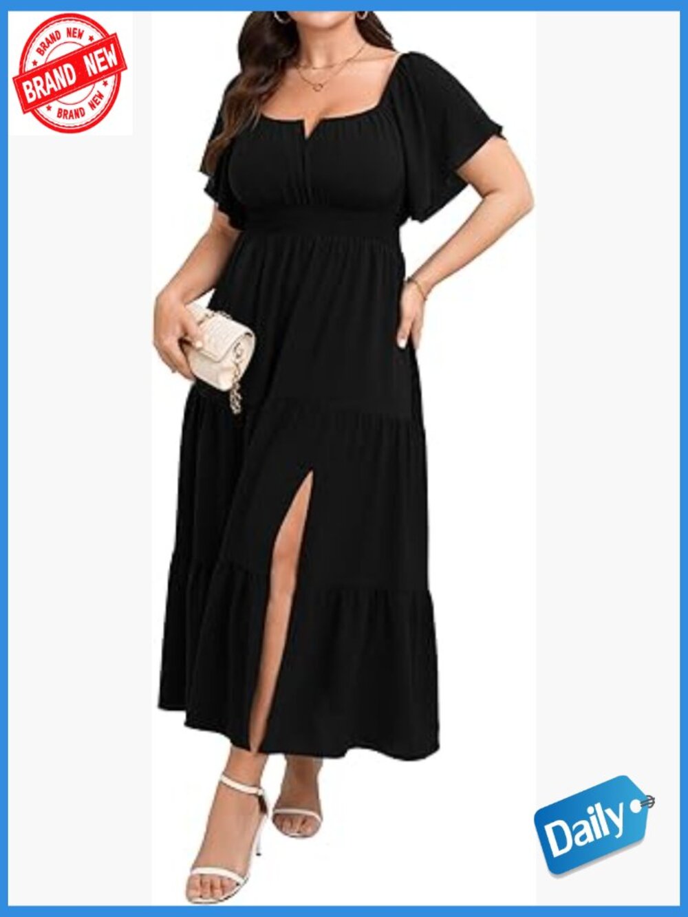 Plus Size Maxi Dress Short Sleeve Square Neck Smocked Side Split Flowy A Line